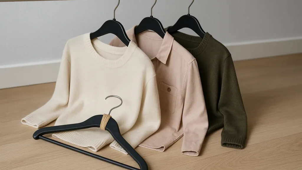 Tre capi per bambino — maglia neutra, pantalone morbido e overshirt — disposti su letto chiaro in più combinazioni semplici, fotografia editoriale realistica, nessun testo.