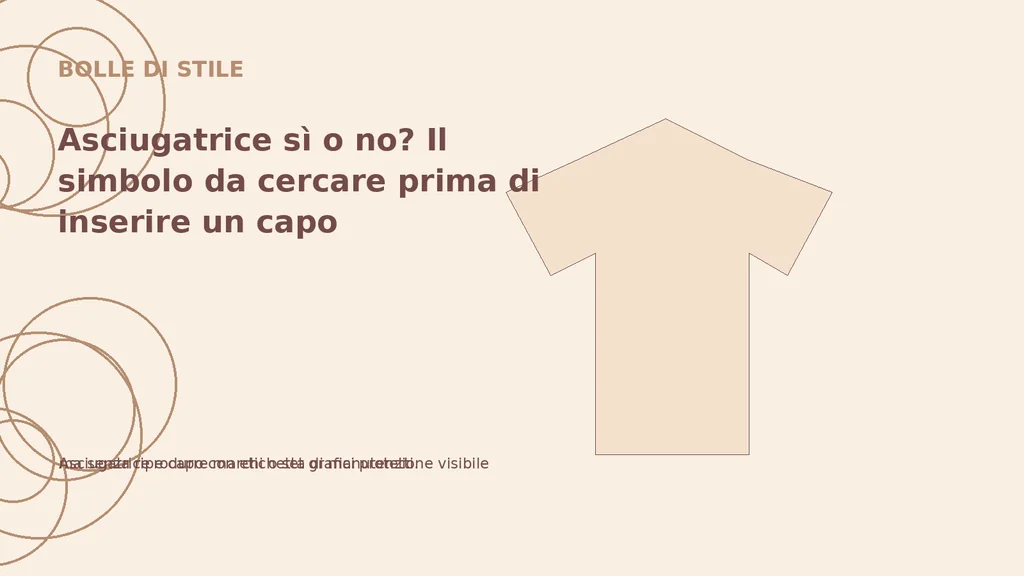 Asciugatrice e capo con etichetta di manutenzione visibile ma senza riprodurre marchi o set grafici protetti.